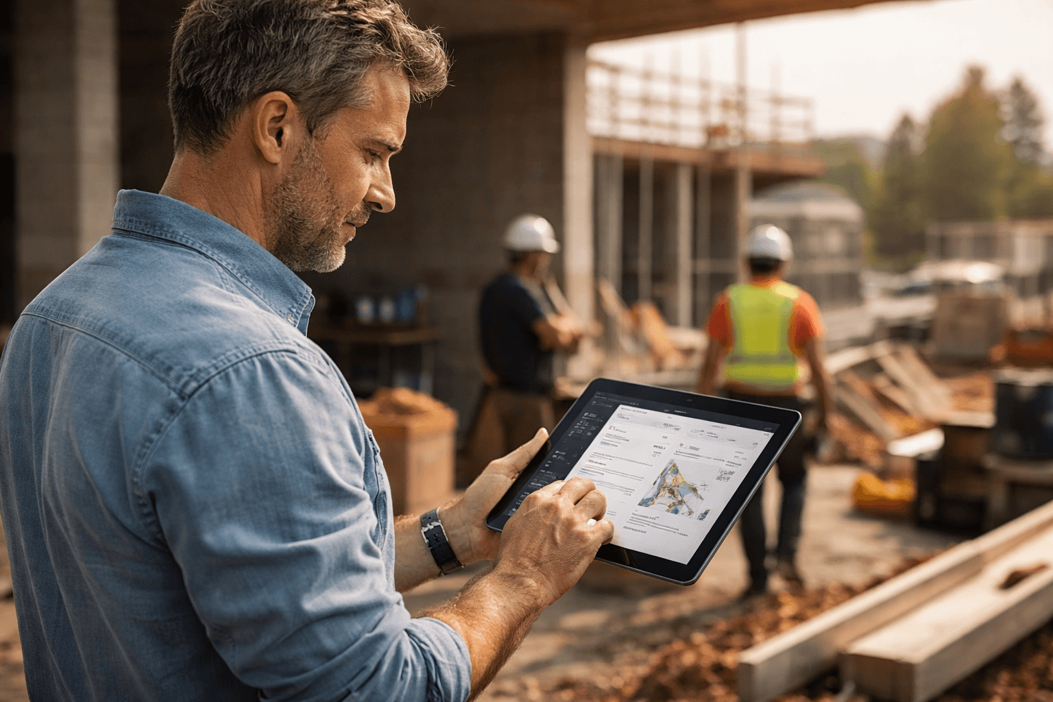 Profissional a utilizar tablet com app de gestão em contexto de obra