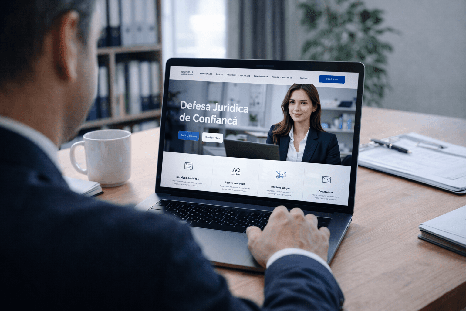 Contexto profissional a visualizar um website moderno e confiável